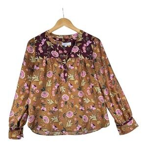 LOFT Women's Top Floral Blouse Soft Easy Wear Silky 1/2 Button Up Shirt XS